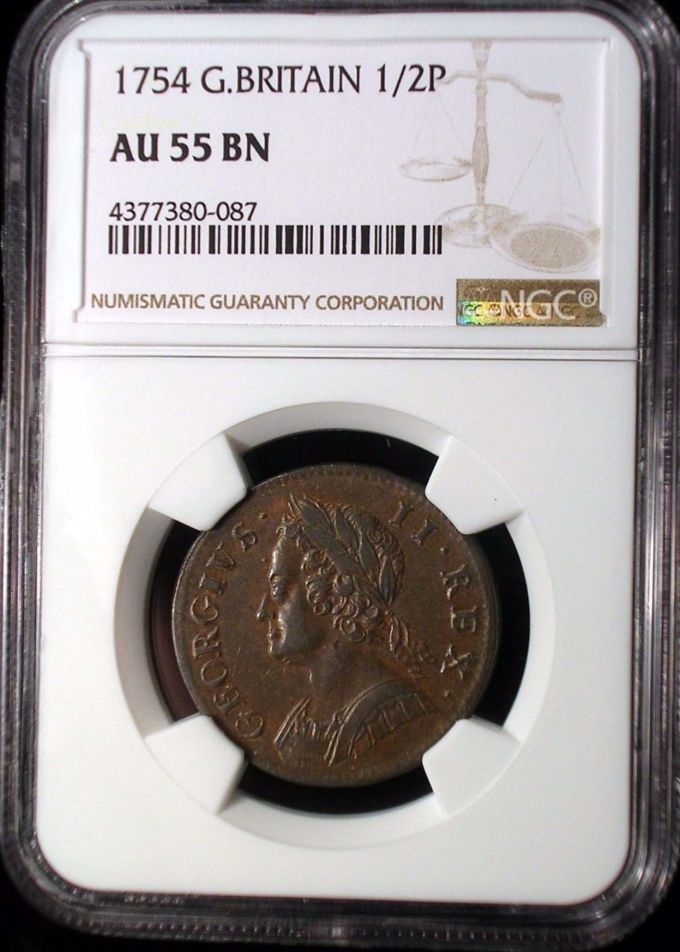 1754-George-II-Half-Penny-Graded-AU-55-By-NGC